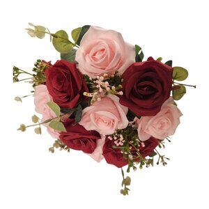 Red Pink Rose Faux Flower Bouquet Wedding Artificial Floral Decor
